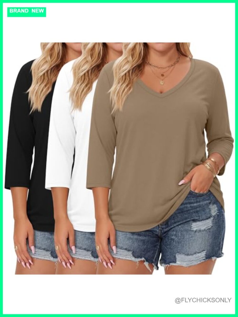 Plus Size V Neck 3/4 Sleeve Tops 3 Pack Cotton Blend Tunic Tee